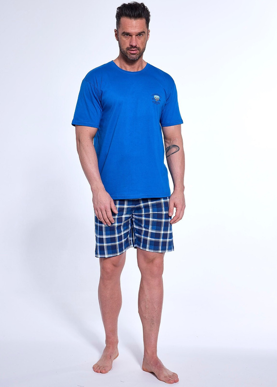 326/187 West Herren-Kurzarmpyjama, Cornette-Shorts, blau
