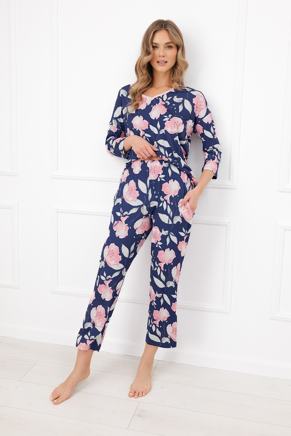 Damen-Pyjama Italian Fashion Entina aus Baumwolle mit Blumenmuster, 3/4-Arm, 7/8-Hose