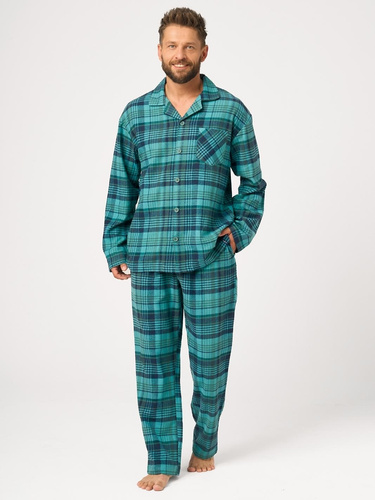 Herren-Pyjama Key MNS 048 grün, Flanell, 100 % Baumwolle, lang, mit Knöpfen