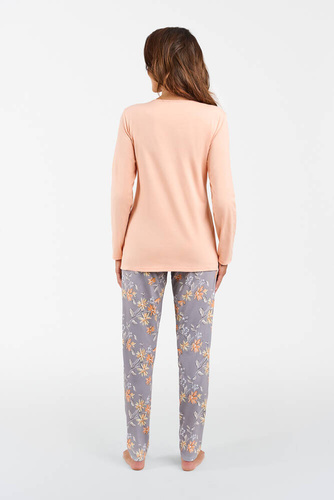 Kasali Damen Schlafanzug mit langen Ärmeln und Hose Italian Fashion - lachs/print