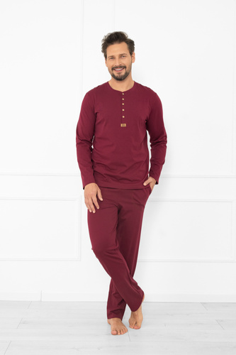 Gordo Herren Schlafanzug - klassische Baumwolle, Poloshirt und Hose mit Taschen Italian Fashion - kastanienbraun