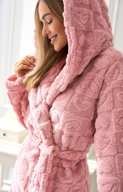 2553 Valentina L&L kurzer Damenbademantel mit Kapuze und Taschen – Puderrosa