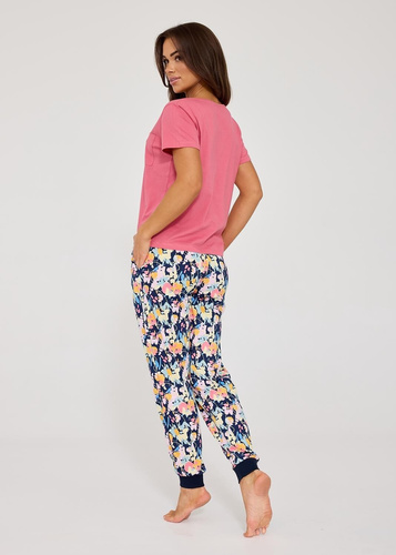 Damen-Pyjama Cornette Pola 730/337 rosa, Baumwolle mit Blumenprint, lange Hose