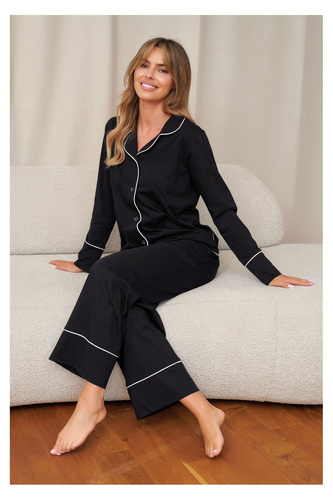 Damen-Pyjama Doctor Nap 7527 Noir, 100% Baumwolle, lang, zum Knöpfen