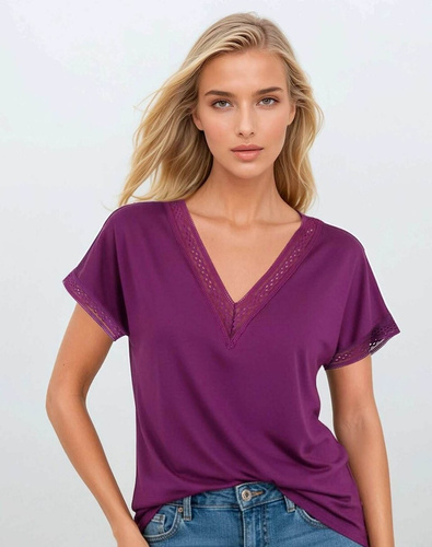 Elegante Damenbluse Flaviana | V-Ausschnitt, Zierband in Lochspitze, elastische Viskose | Lockerer Casual-Schnitt