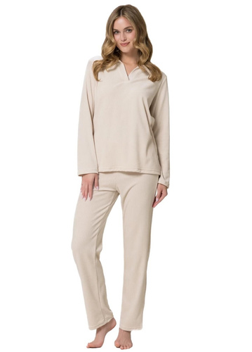 Leveza Dafne 1817 Damen Velours Schlafanzug Lang Zweiteiler Homewear Beige