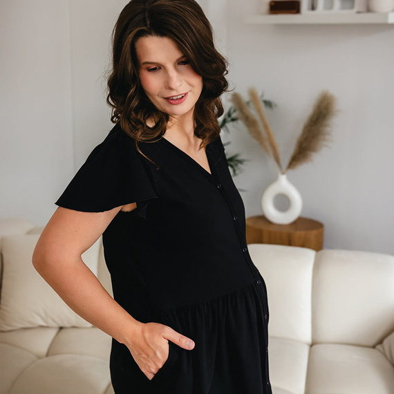 Linda Eevi Umstands-Button-Down-Shirt, schwarz – zum Füttern, flexibel, atmungsaktiv, polnische Qualität