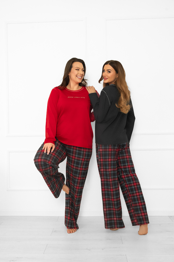 Italian Fashion Damen Schlafanzug in rot - Baumwolle, langarm und Hose, kariert 