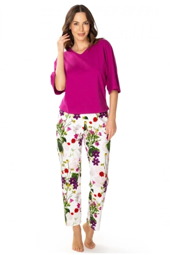 86668 Nataly Damenpyjama Möwe dunkelrosa Blumen