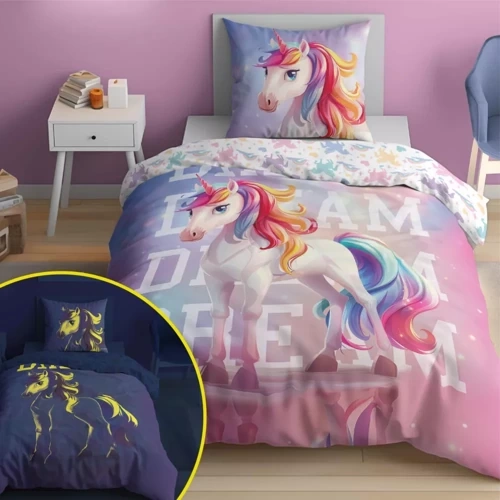 5208 A Fluo 40 Baumwollbettwäsche, die im Dunkeln leuchtet, Einhorn Detexpol