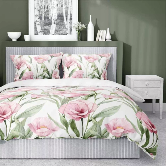 5328 A Satinbettwäsche Rosa Blumen auf weißem Hintergrund Detexpol