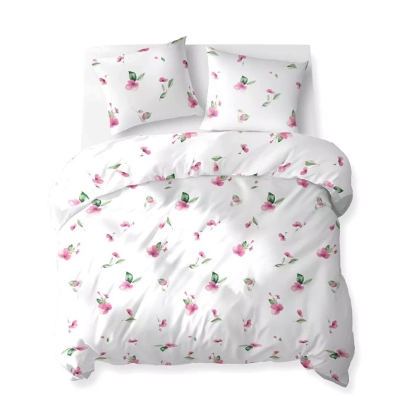 5769 A Cotton Bloom Detexpol weiße Baumwollbettwäsche mit rosa Blüten und grünen Blättern – 100 % Baumwolle, doppelseitig, polnische Produktion
