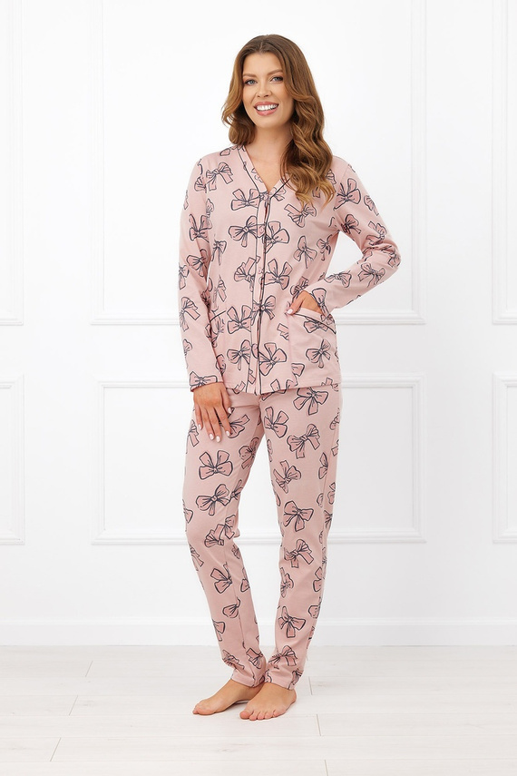 Italian Fashion Izabell Damen Baumwoll-Pyjama lang mit Knöpfen und Schleifen