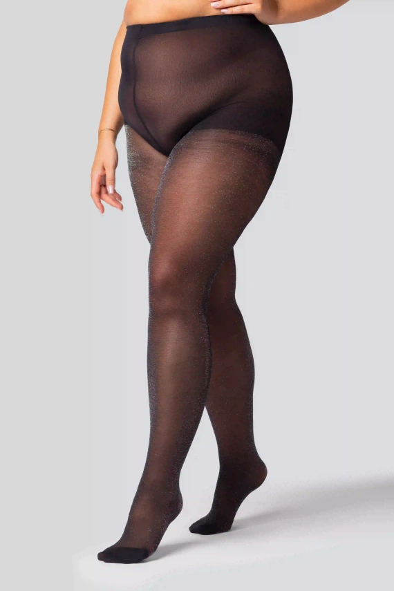 Shine Queen Size Damenstrumpfhose 30 den – Schwarz mit silbernem Glitzer, glänzend