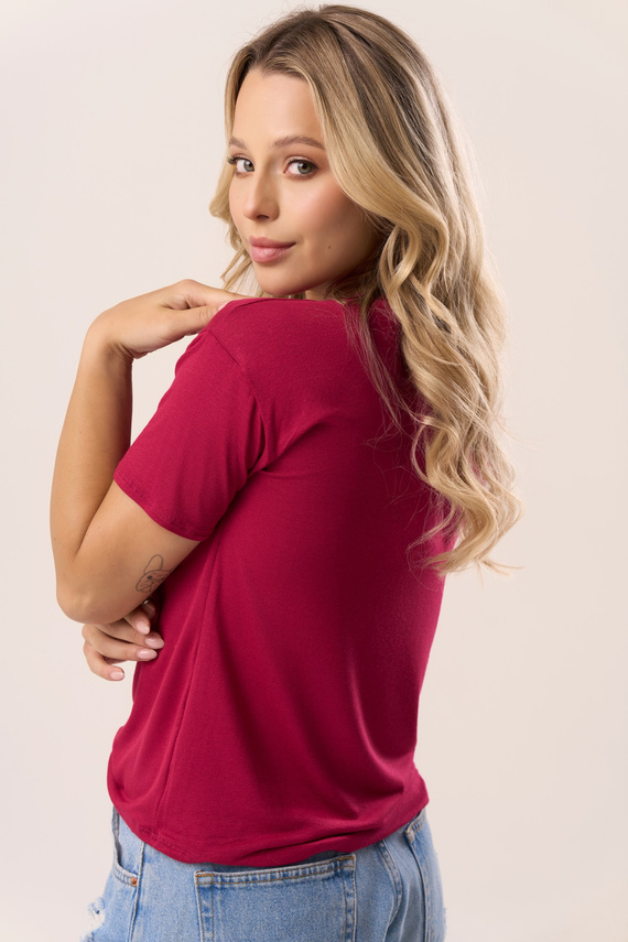 Serina Burgunder Babell Bluse – Viskose, kurze Ärmel, V-Ausschnitt | stilvoll und komfortabel
