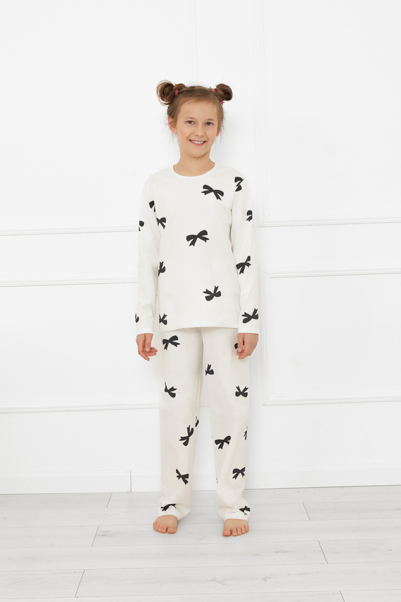 Mädchen-Pyjama Fiocca- ecru, Baumwolle, lange Ärmel und Hose Italienische Mode 