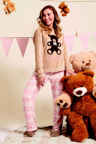 Madlen Piżama damska Sorbetto brązowa  – polarowa, z haftem misia i spodniami w kratkę