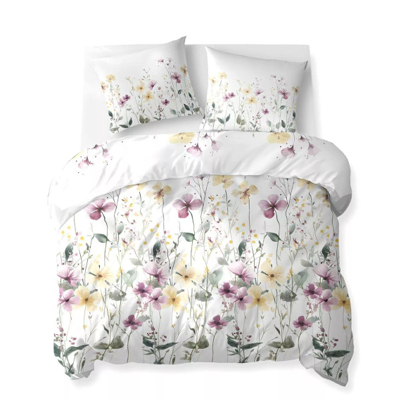 5773 A Cotton Bloom Detexpol weiße Baumwollbettwäsche mit gelben und violetten Wildblumen – 100 % Baumwolle, doppelseitig, polnische Produktion