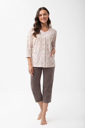 Damen-Pyjama 1305 Luna aus Baumwolle, zum Knöpfen, 7/8-Länge mit Taschen – beige