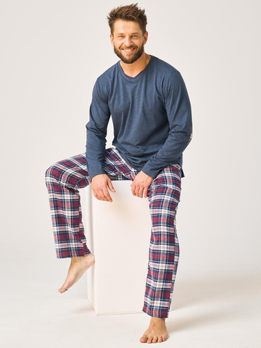 Herren-Pyjama Key MNS 410, marineblau, 100% Baumwolle, Flanellhose