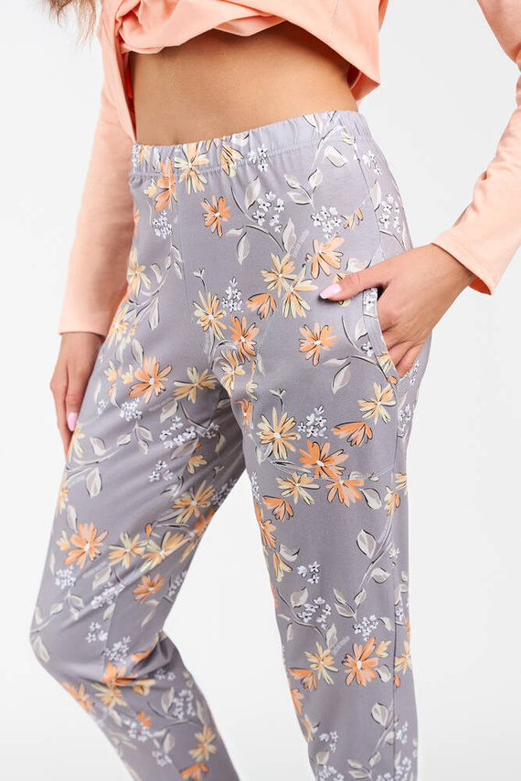 Kasali Damen Schlafanzug mit langen Ärmeln und Hose Italian Fashion - lachs/print