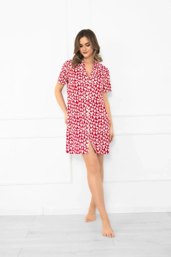 Ksenia – Damen-Nachthemd aus Baumwolle mit weißen Herzen, kurzarm, mit Knopfleiste | Italian Fashion