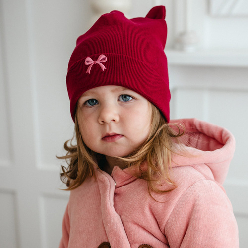 Fluffy Tails Eevi Kindermütze – Burgunderrot, Baumwolle, mit Ohren