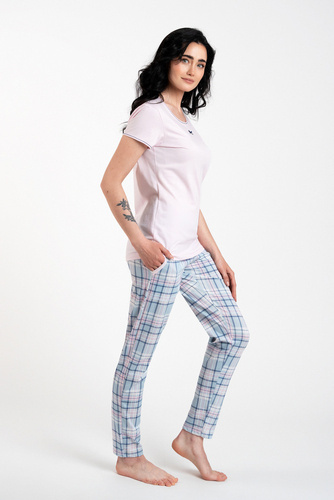 Glamour Ladies' kurzärmeliger Pyjama und lange Hose Italian Fashion - rosa/print