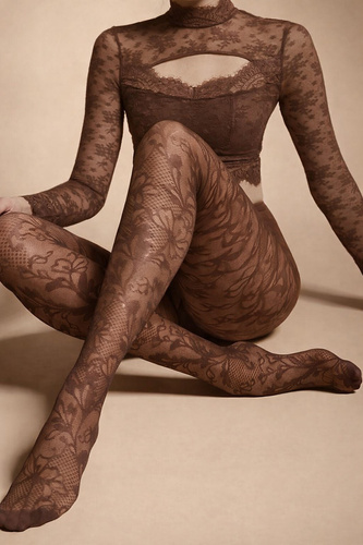 Damen Strumpfhose Knittex Chantilly 30 den – Strumpfhose mit Spitzenmuster mocca