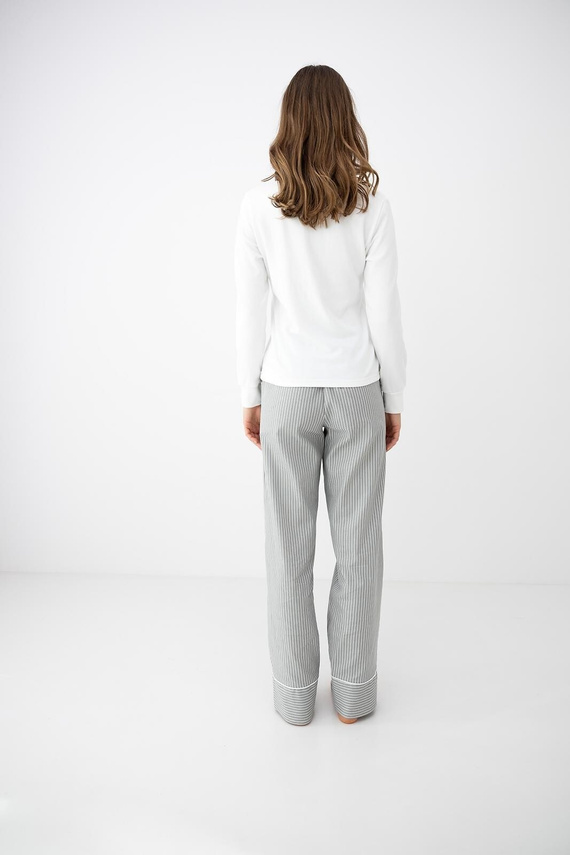 Sensis Salma Damen-Pyjama ecru-grau mit langem Arm und gestreiften Hosen