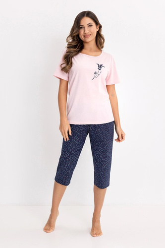 Damen Pyjama Regina aus 100% Baumwolle – Kurzarm-Shirt mit Print, 3/4 Hose, Atmungsaktiv, Bequem für Schlaf & Zuhause