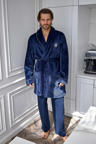 L&L Elegant 2664 Herren Bademantel kurz, weicher Waffelstoff mit Kragen, marineblau