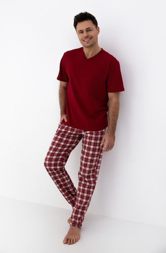 Matthew Pajama Sensis – Baumwollpyjama für Herren mit T-Shirt mit V-Ausschnitt und karierter Hose