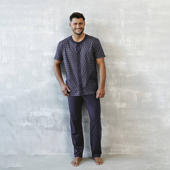 Ricardo Herren Schlafanzug mit kurzen Ärmeln, lange Hose Italienische Mode - navy blau