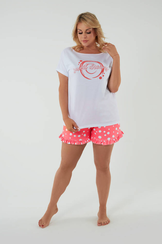 Raba Damen Schlafanzug mit kurzen Ärmeln, Shorts Italian Fashion - weiß/himbeerfarbener Druck