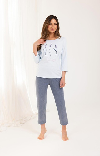 Pyjama 703 Regina, Baumwolle, Blau – Damen, 3/4-Ärmel, 7/8-Hose, Pflanzendruck