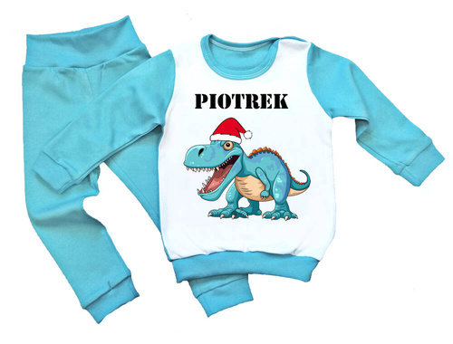 SKU P16 Weihnachtspyjama für Kinder mit einem Dinosaurier und dem Namen Moocha, blau