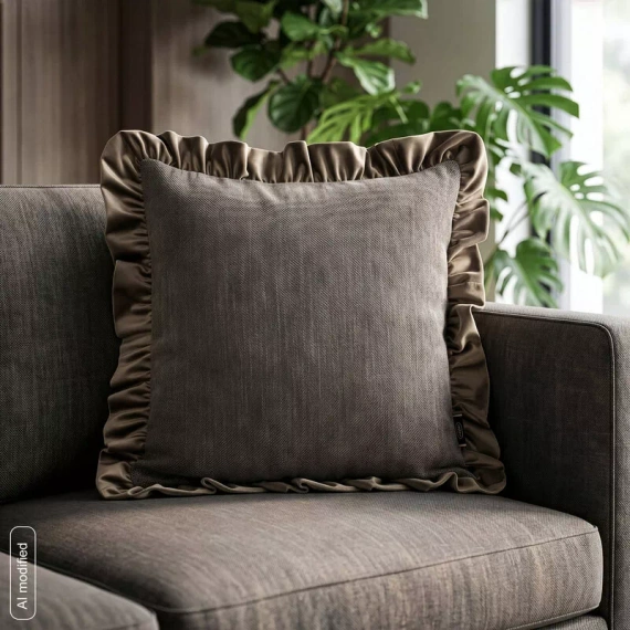 Eurofirany Elvara dekoratives Kissenbezug 45x45 Velours mit Rüsche - Dunkelbeige