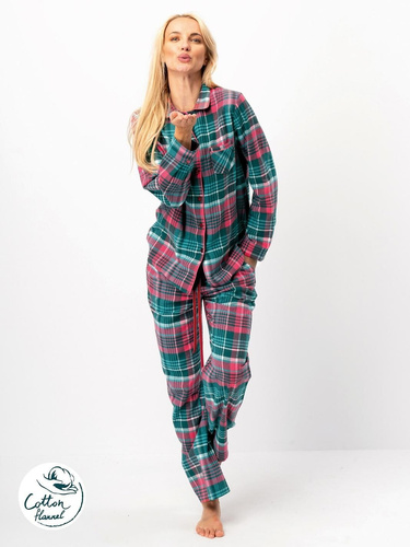 Key LNS 419 Damenpyjama, grün – Flanell-Baumwolle, lange Ärmel, Knöpfe
