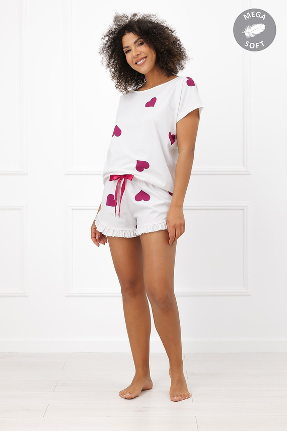 Italian Fashion Soul Damenkurzpyjama Mega Soft ecru mit bordeauxroten Herzen