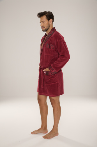 866 Noble Men's De Lafense Velours Bademantel - kurz, elegant, Baumwolle - burgunderrot
