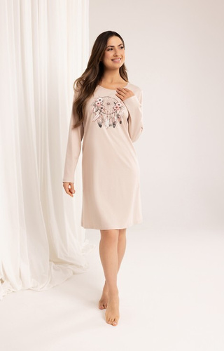 162 Nachthemd aus Regina-Baumwolle, beige – lange Ärmel, bedruckt, oberhalb des Knies