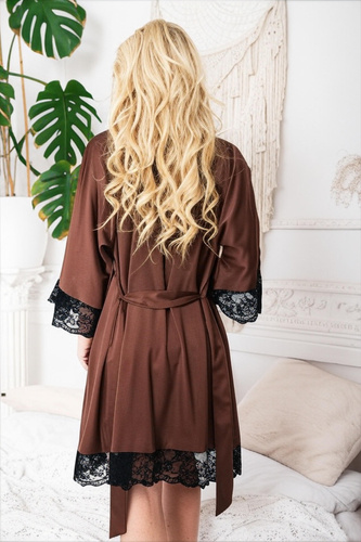 Sumi Kalimo - Damen Morgenmantel aus Satin mit Spitze, eleganter brauner Morgenmantel mit Gürtel