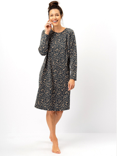 Key LND 707 Damen-Nachthemd, Marineblau – Baumwolle, lange Ärmel, bequemer Schnitt