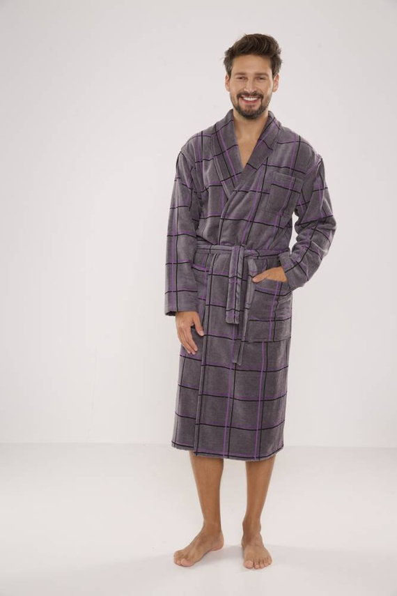 803 / 819 Twin Forex Frottee-Morgenmantel für Herren - grau mit lila Karos (grau kariert)