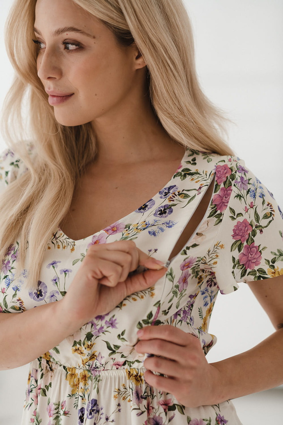 Lovely Dress Umstands- und Stillkleid, Kurzarm Milk&Love, Creme mit Blumen
