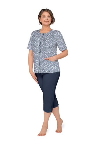 Damenpyjama Martel Maria I 200, zum Knöpfen, 100% Baumwolle, kurzärmelig, marineblau mit Blättermotiv 41