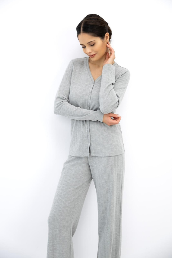 Sensis Alira Damenpyjama Grau Lang mit Knöpfen Gerippt