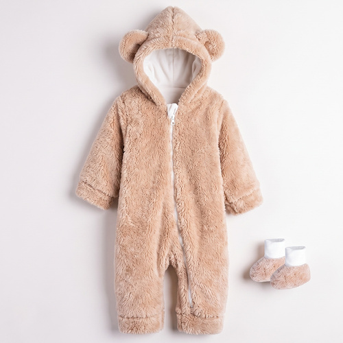 227270 Nicol BENEK Baby-Strampler mit Bärchenmuster + beige Baby-Booties mit Kapuze