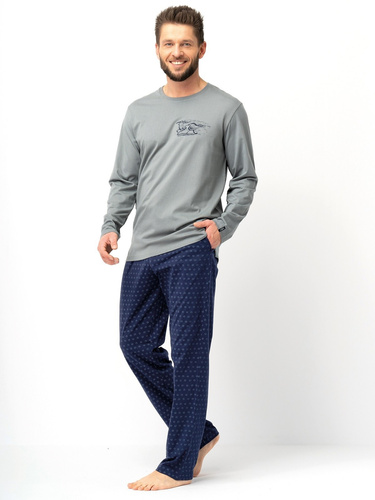 Herrenpyjama Key MNS 612 grün und marineblau – Baumwolle, lange Ärmel, klassischer Schnitt